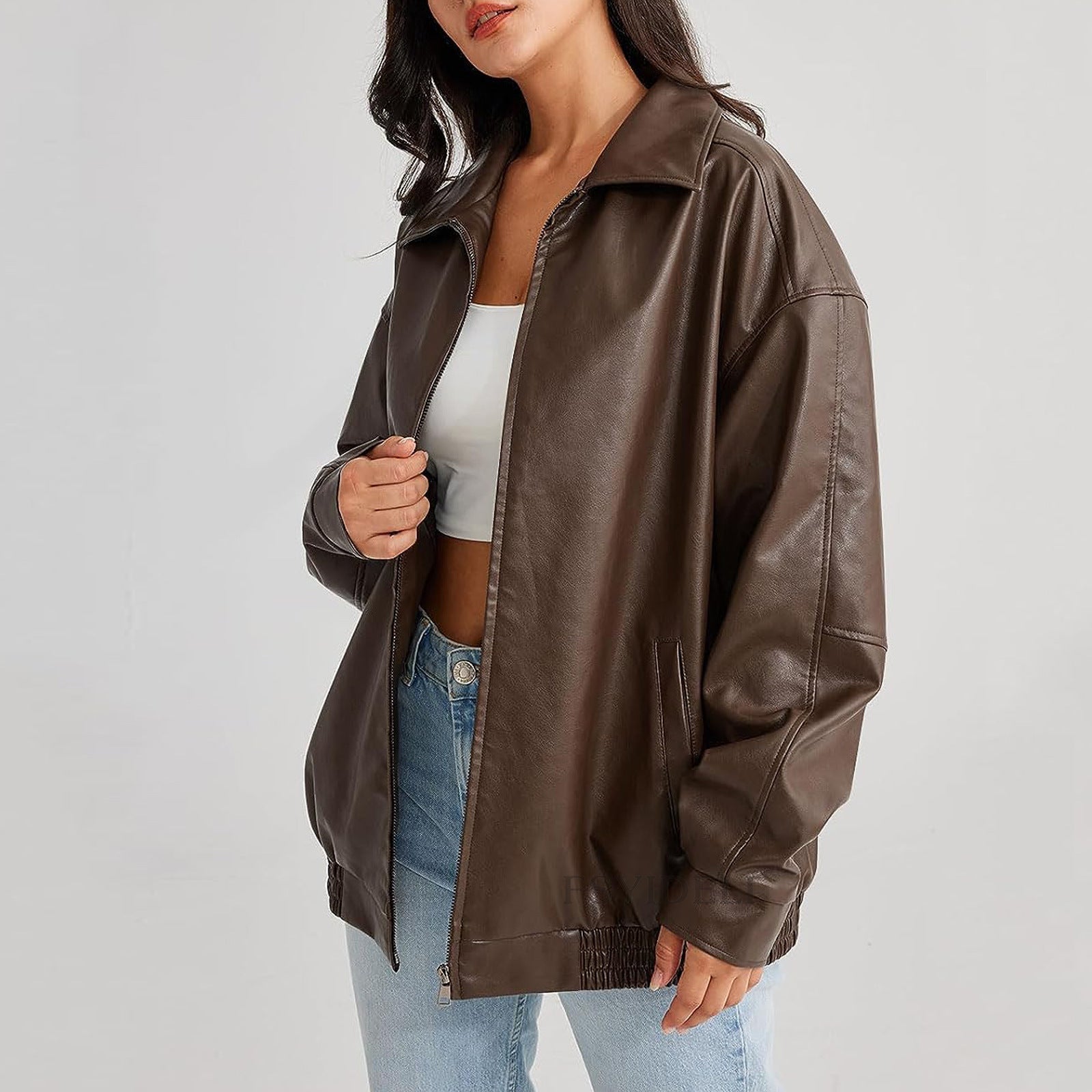 Aria | Women's Oversized Leather Zip-Front Bomber Jacket