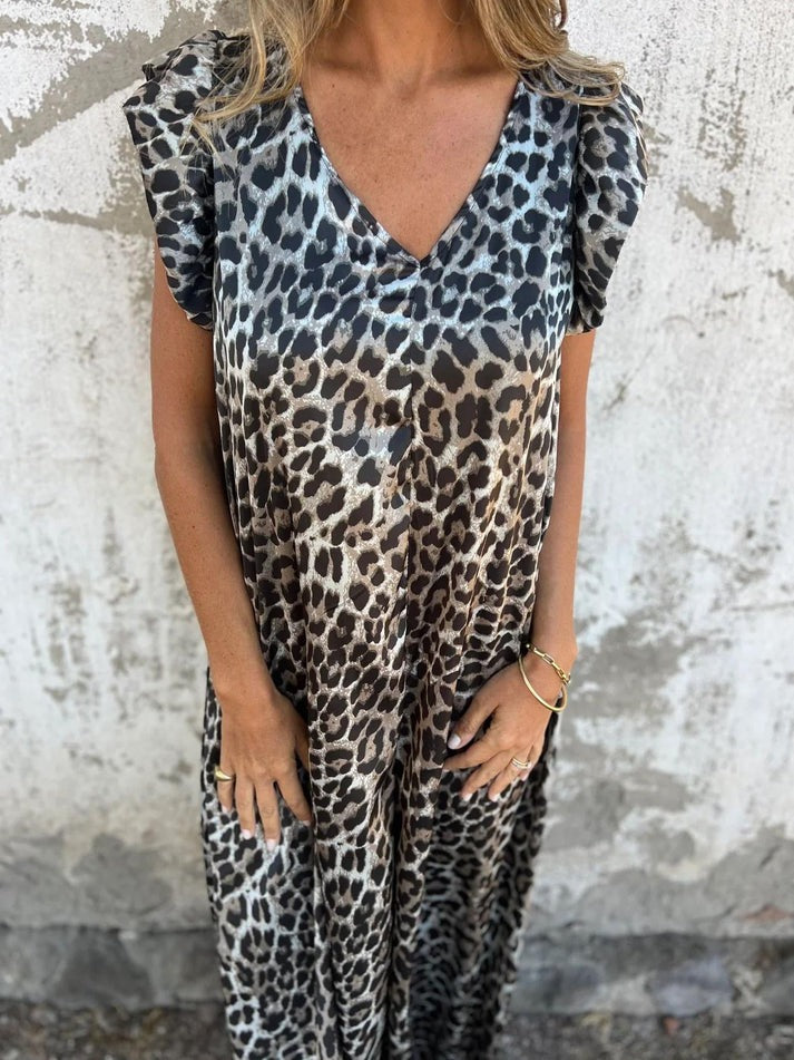 Chloe | Women's Leopard Print Ruffle Sleeve Wide-Leg Jumpsuit