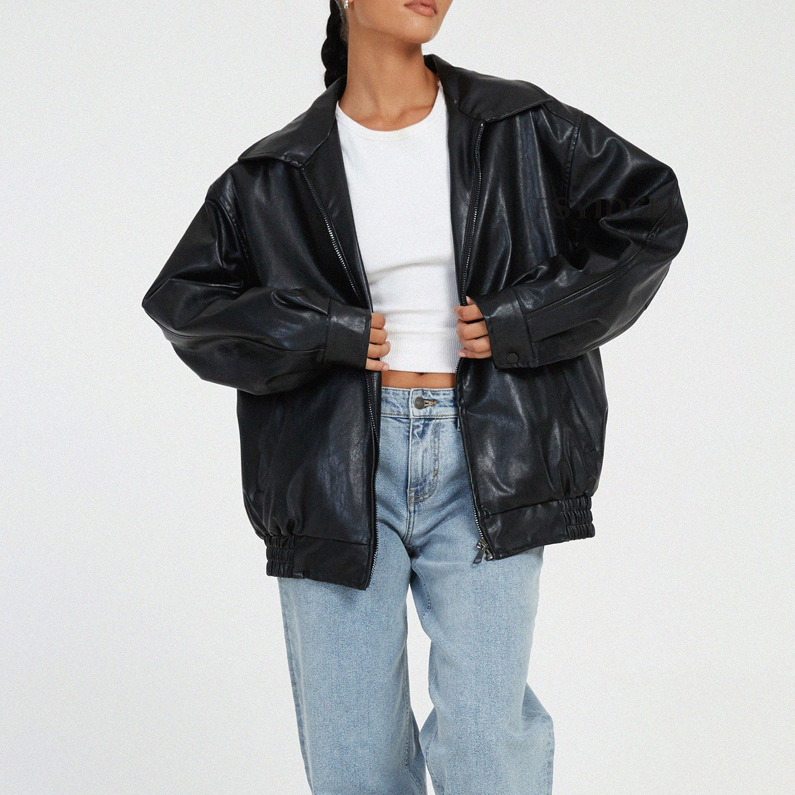 Aria | Women's Oversized Leather Zip-Front Bomber Jacket