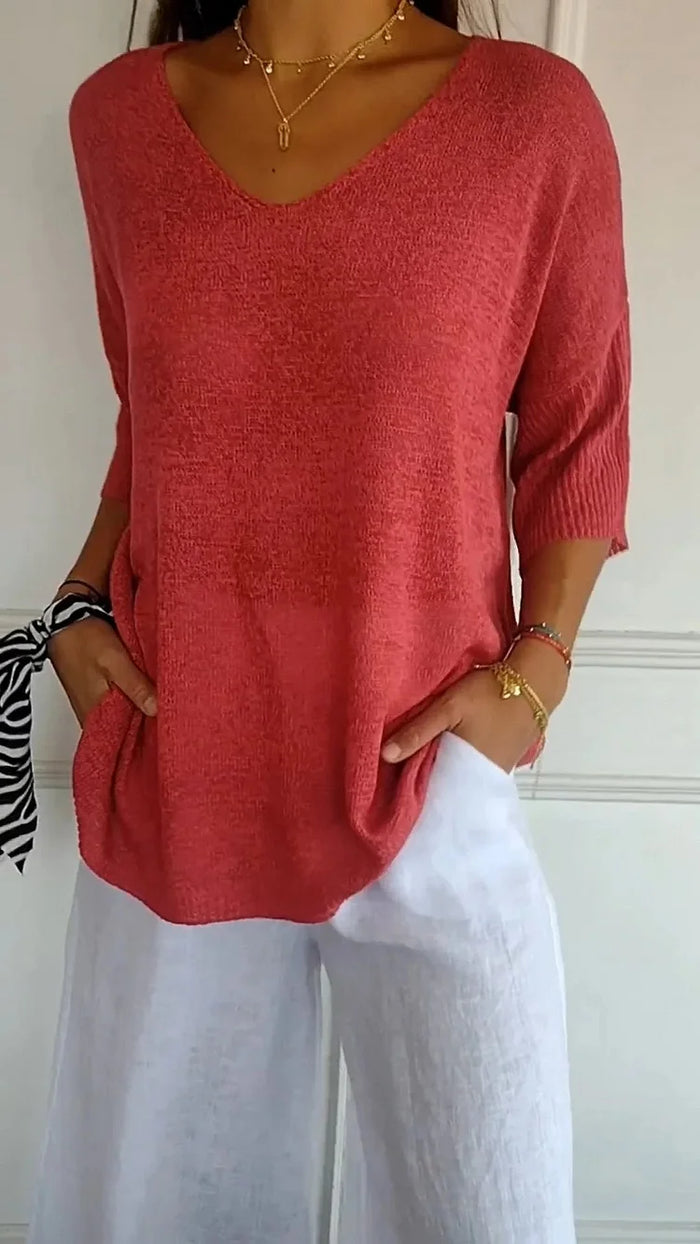 Sophie | Women's Knit V-Neck Three Quarter Sleeve Top