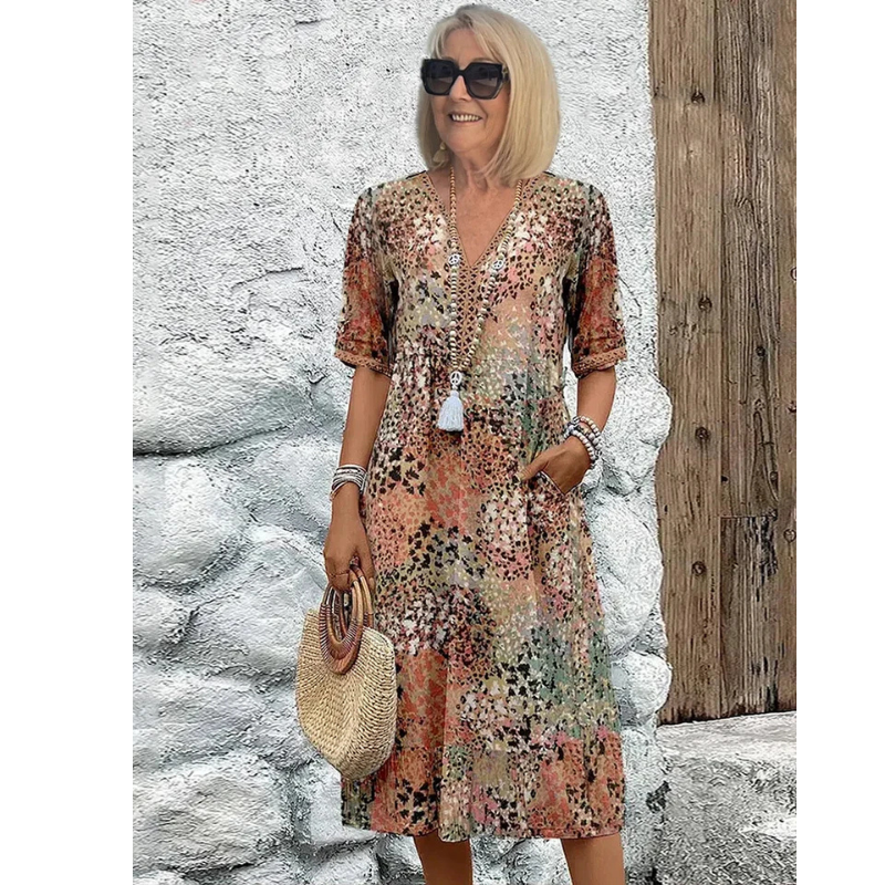 Avery | Women's Relaxed Fit Printed 3/4 Sleeve Midi Dress