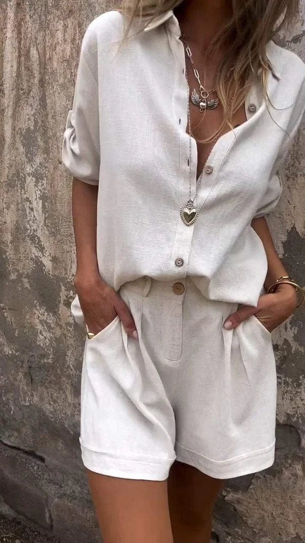 Clara | Women's Linen Button Front Shirt & Shorts Set