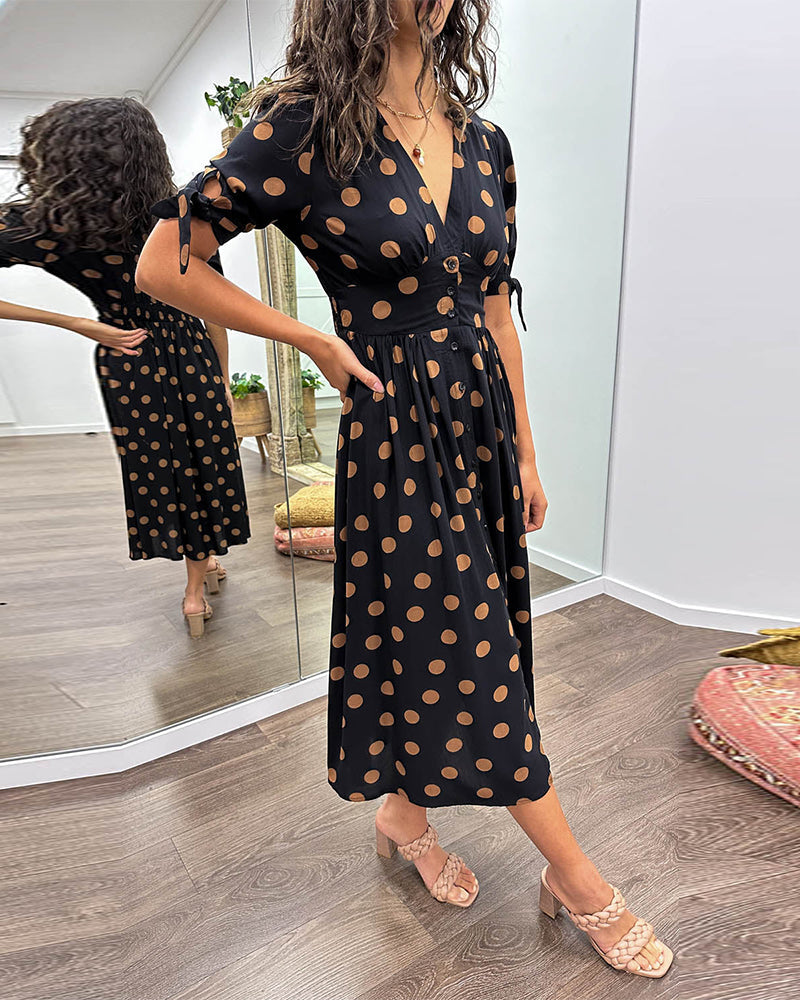 Freya | Women's Polka Dot V-Neck Button-Front Midi Dress
