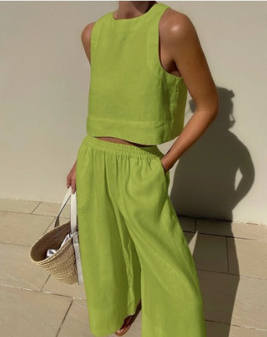 Nora | Women's Linen Crop Top And Wide Leg Pants Set