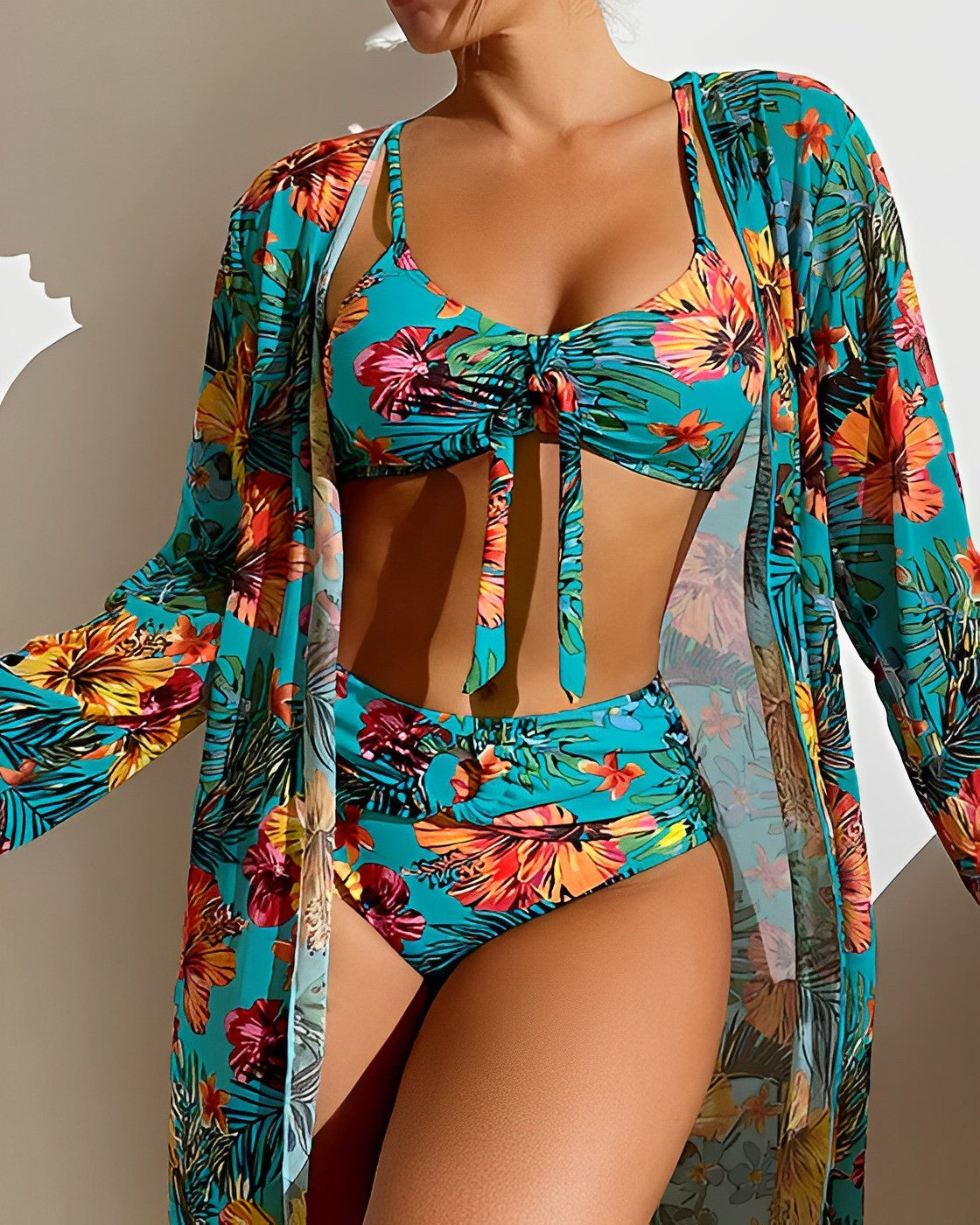 Ava | Women's Floral Three-Piece Bikini & Cover-Up Set