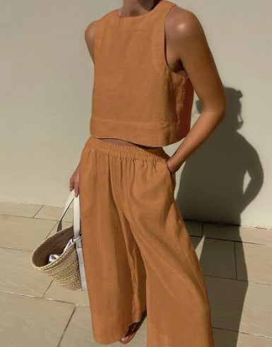 Iselle | Women's Linen Crop Top And Pants Set