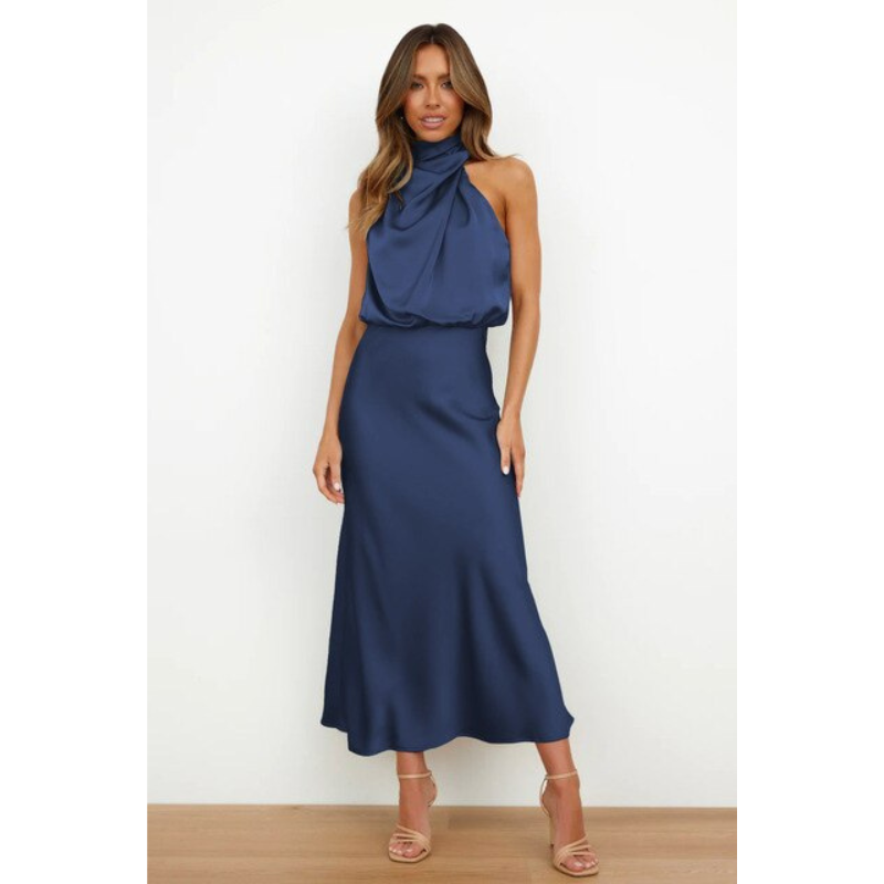 Sophie | Women's Halter Neck Flowing Satin Midi Dress