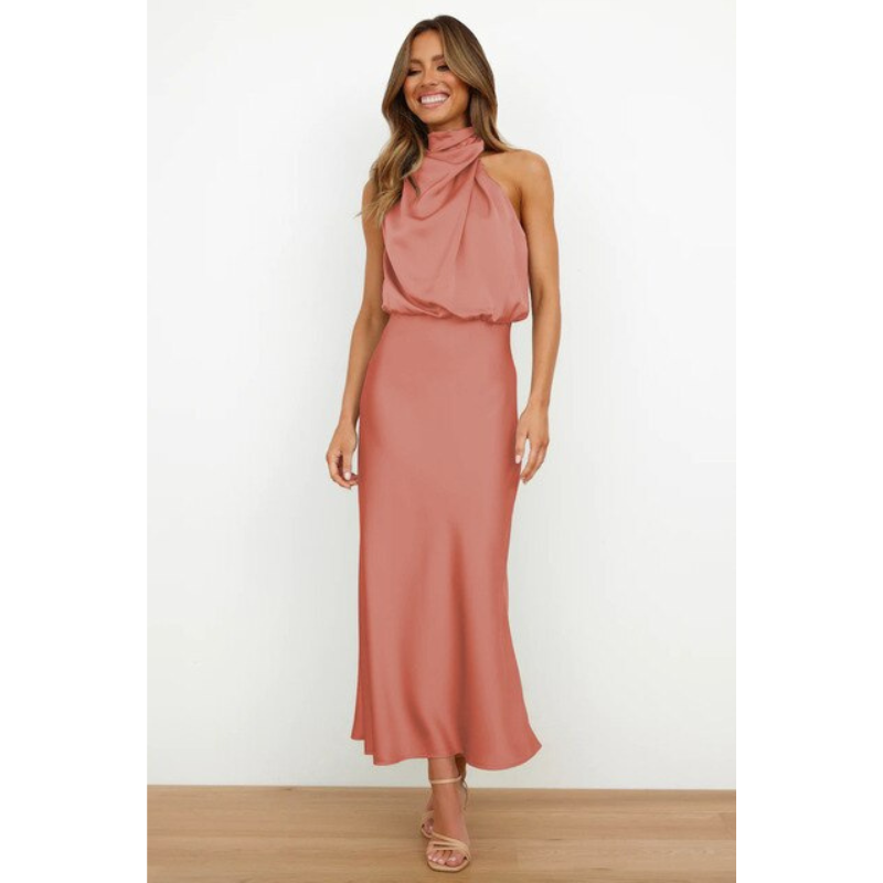 Valeria | Women's Satin Halter Neck Draped Midi Dress