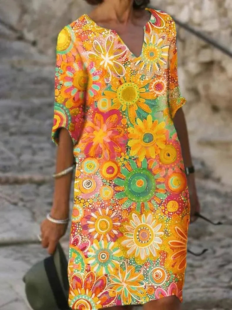 Iris | Women's Vibrant Floral V-Neck Shift Dress