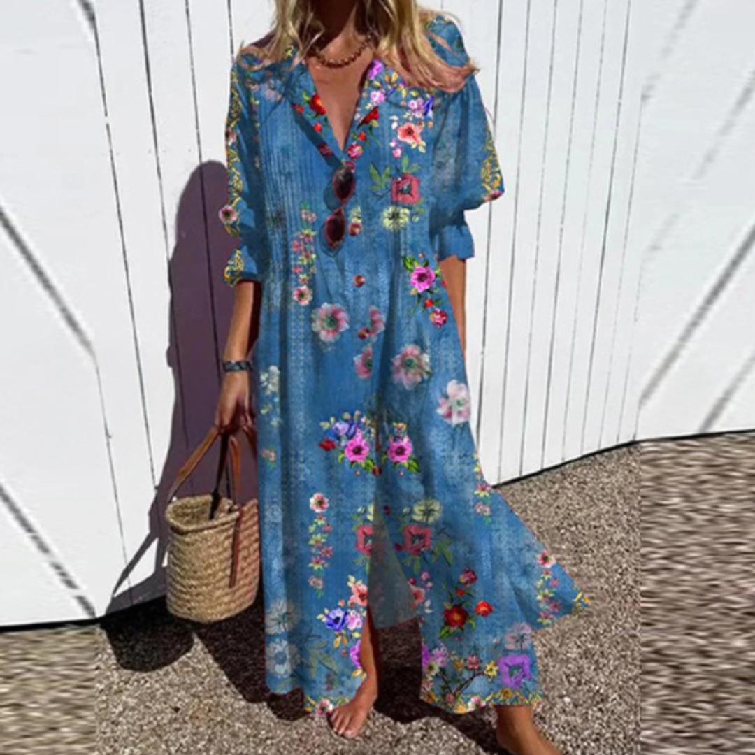 Mira | Women's Leaf Print Button Front Maxi Dress