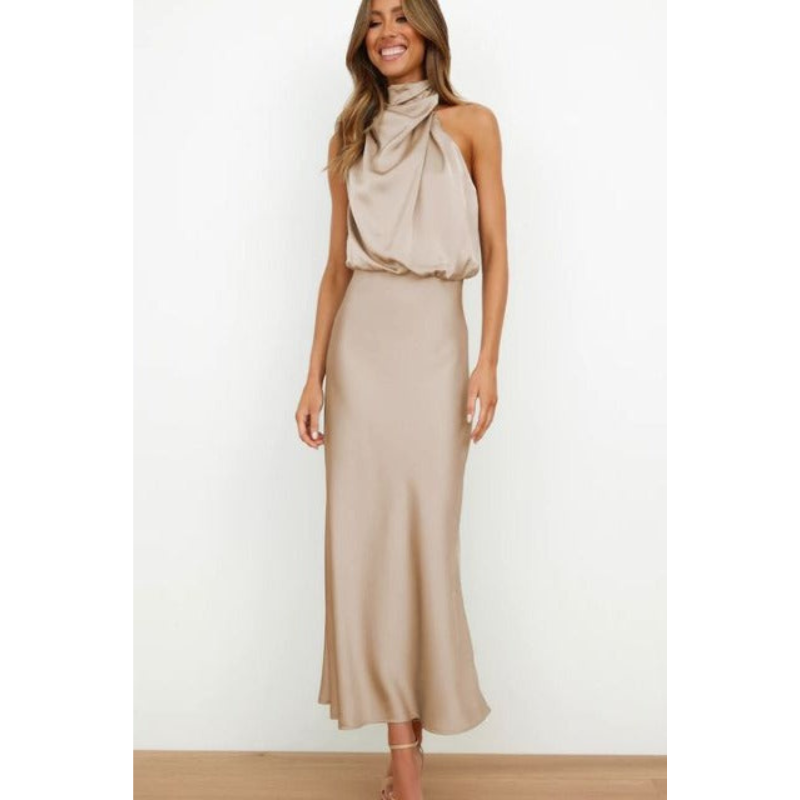 Sophie | Women's Halter Neck Flowing Satin Midi Dress