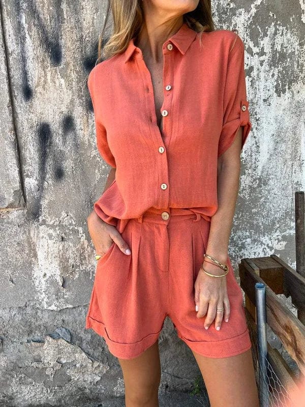Clara | Women's Linen Button Front Shirt & Shorts Set