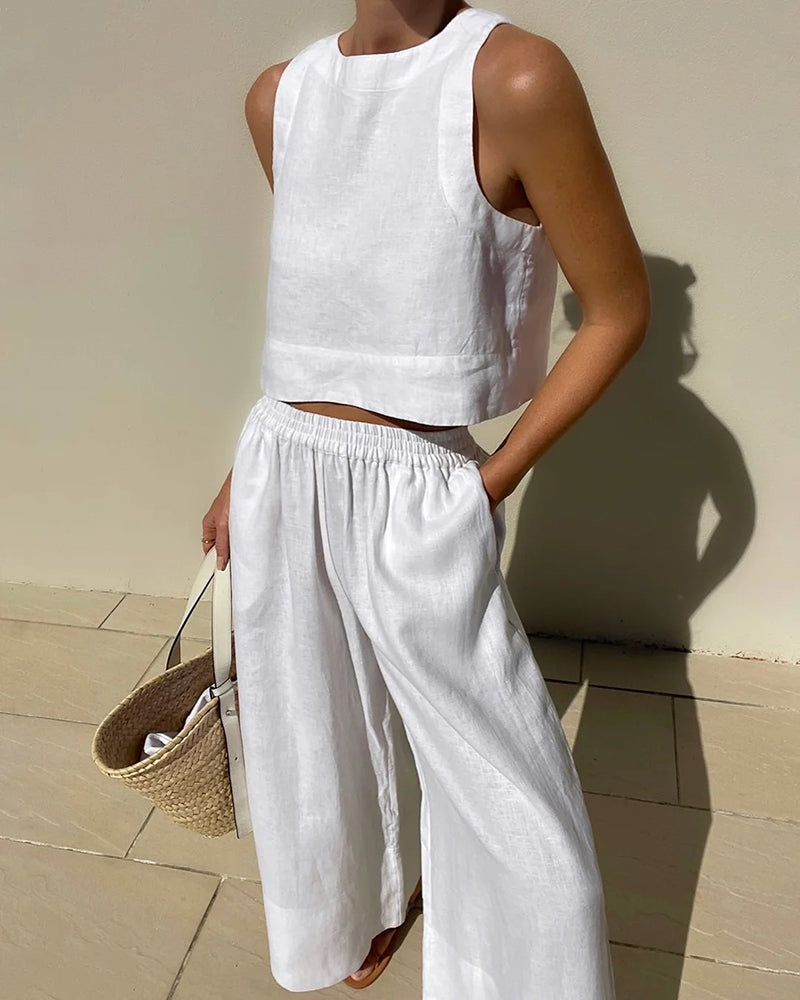 Nora | Women's Linen Crop Top And Wide Leg Pants Set