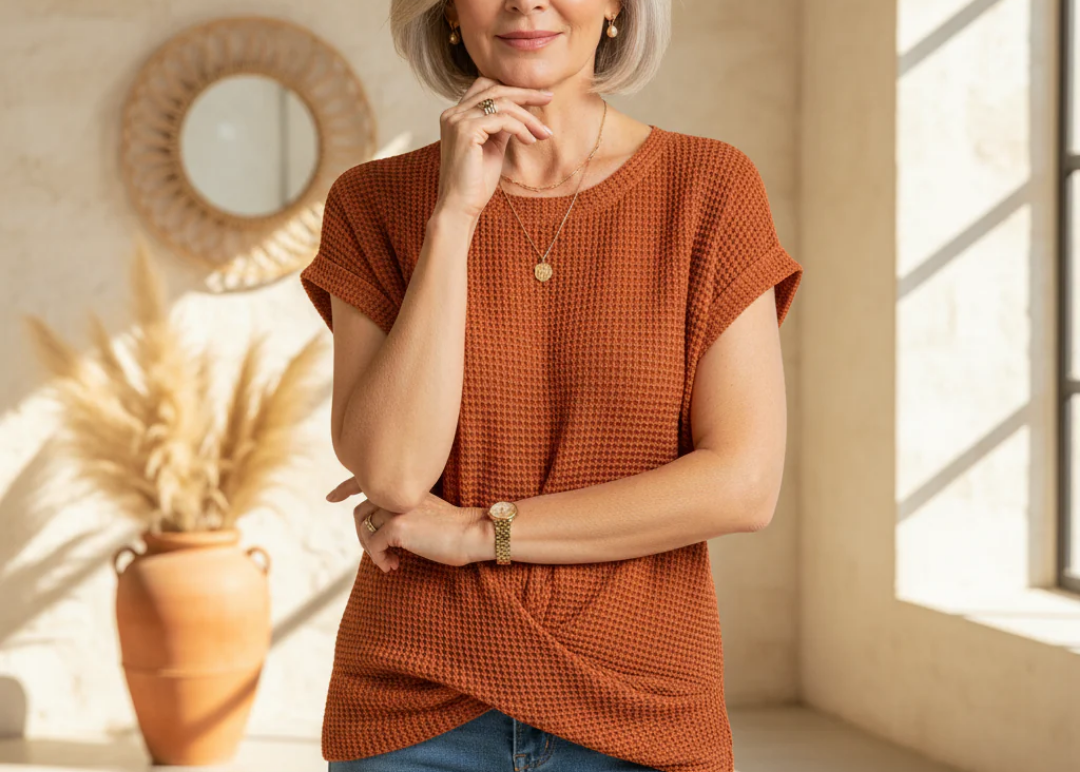 Nora | Women's Waffle Texture Rolled Sleeve Top