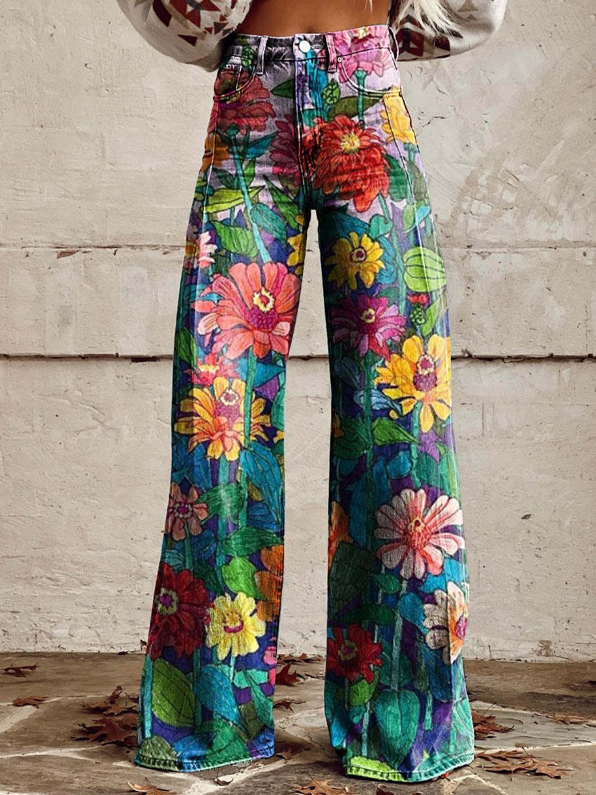 Lina | Women's Floral Pattern Wide-Leg Denim Jeans