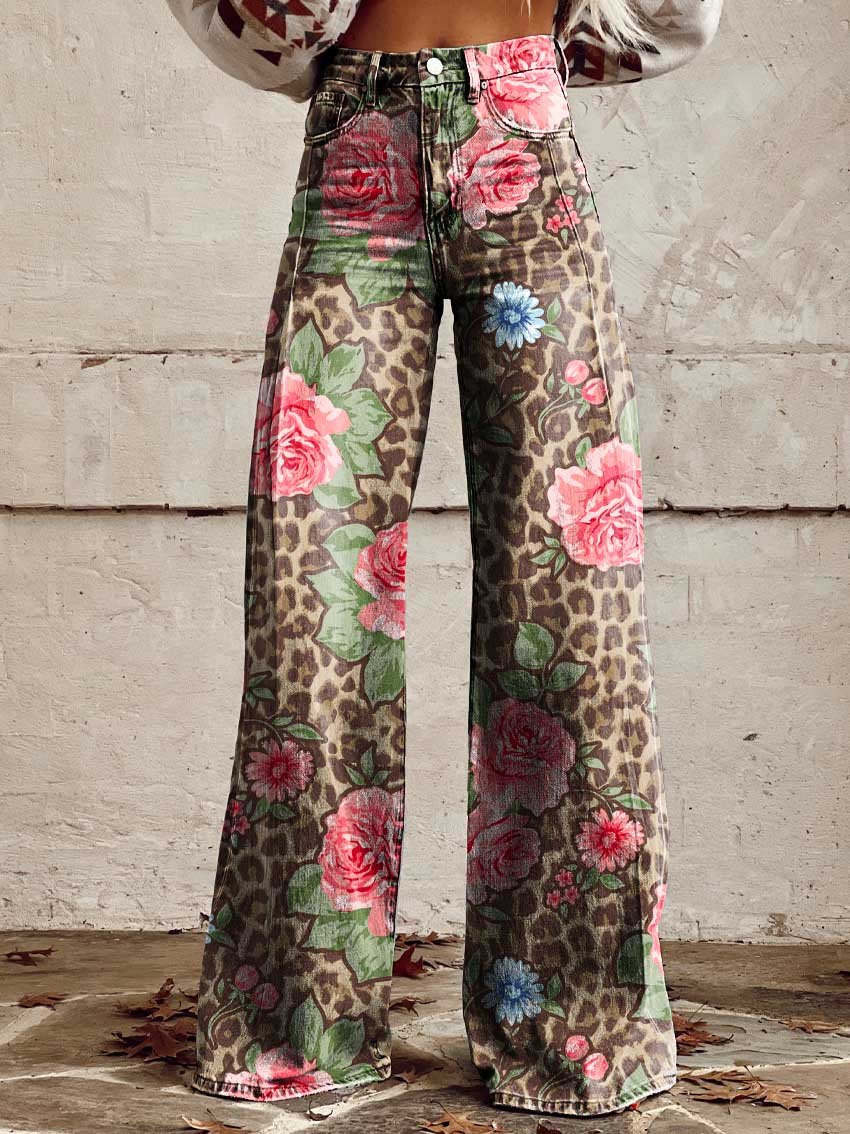 Lina | Women's Floral Pattern Wide-Leg Denim Jeans