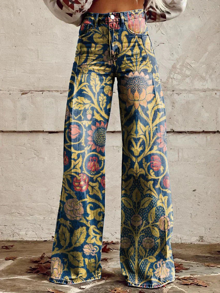 Lina | Women's Floral Pattern Wide-Leg Denim Jeans