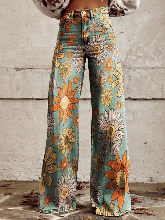 Lina | Women's Floral Pattern Wide-Leg Denim Jeans