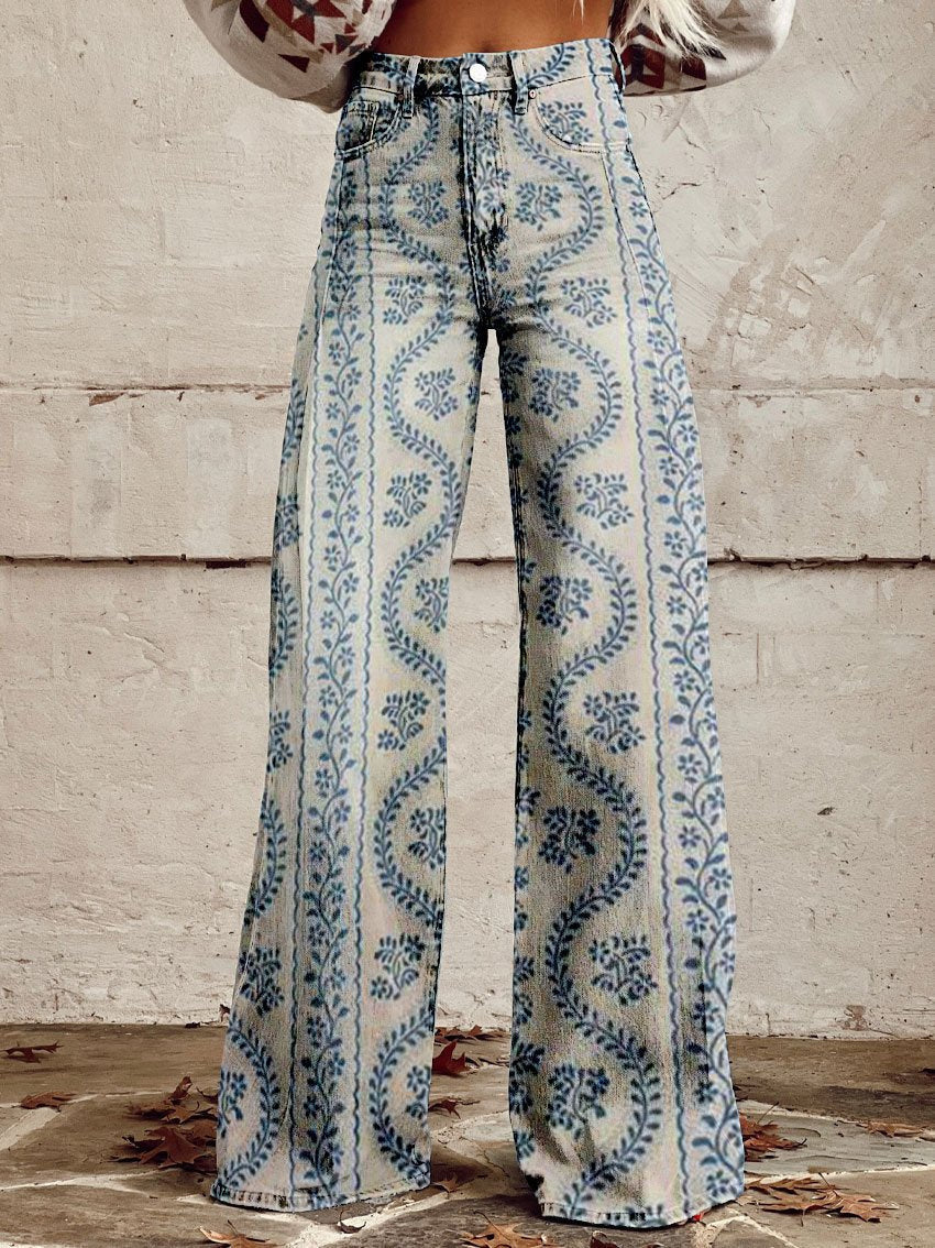 Lina | Women's Floral Pattern Wide-Leg Denim Jeans