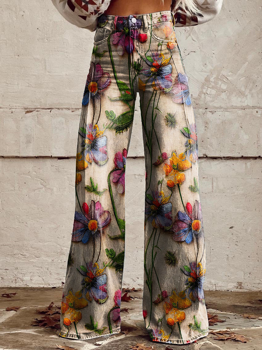 Kiana | Women's Floral Wide-Leg Denim Pants