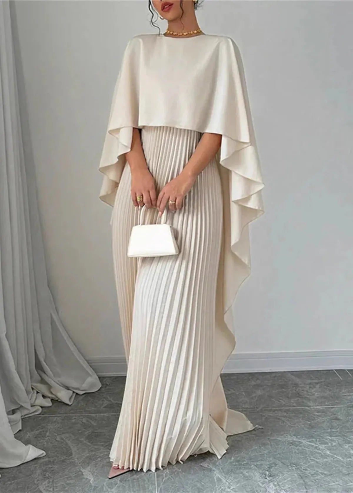 Celestia | Women's Cape Sleeve Pleated Maxi Dress