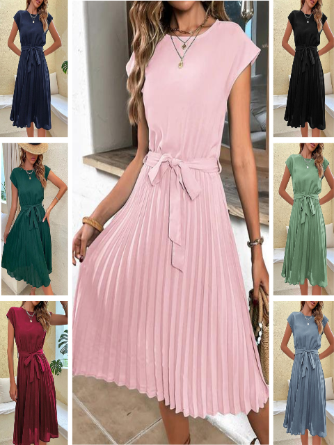 Mila | Women's Pleated A-Line Midi Dress With Waist Tie