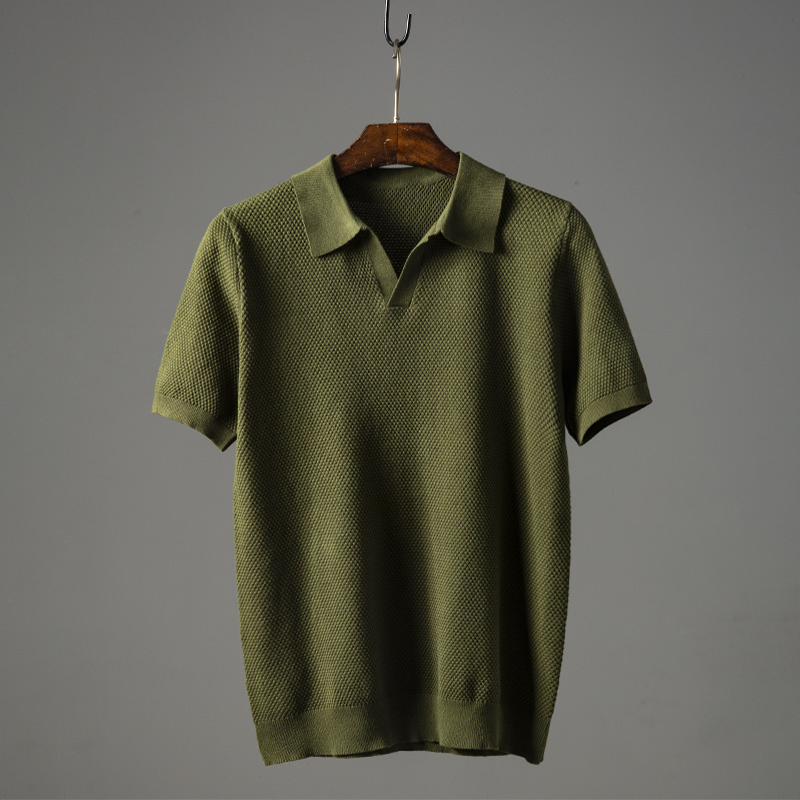 Julian | Men's Textured Knit V-Neck Johnny Collar Polo