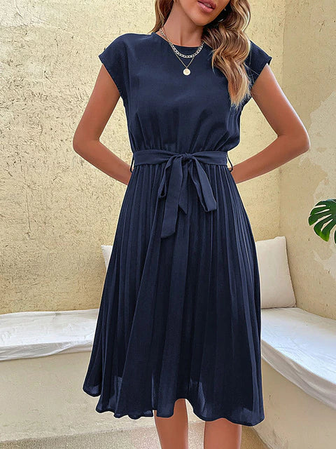Mila | Women's Pleated A-Line Midi Dress With Waist Tie