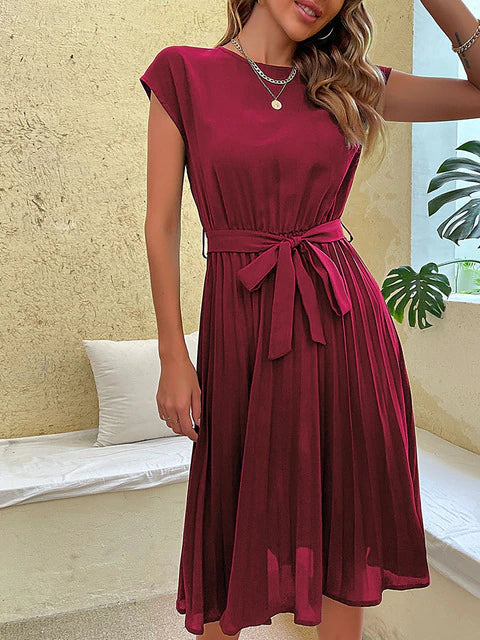 Mila | Women's Pleated A-Line Midi Dress With Waist Tie