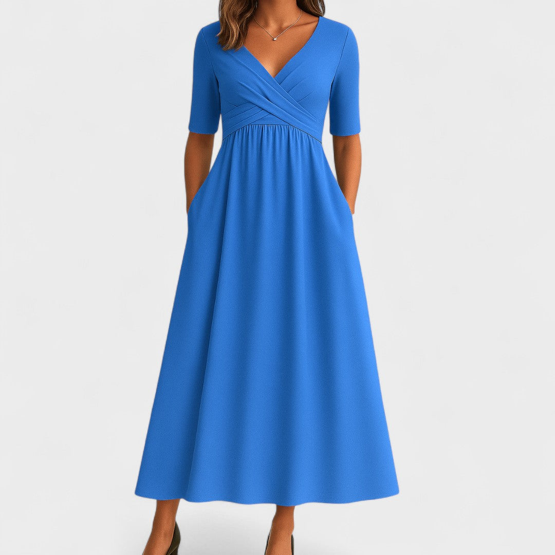 Elara | Women's V-Neck Wrap Waist Midi Dress