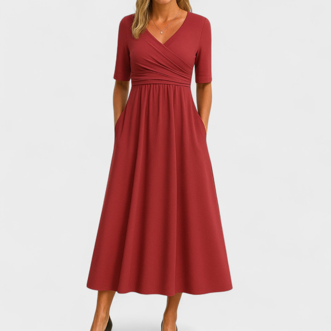 Elara | Women's V-Neck Wrap Waist Midi Dress