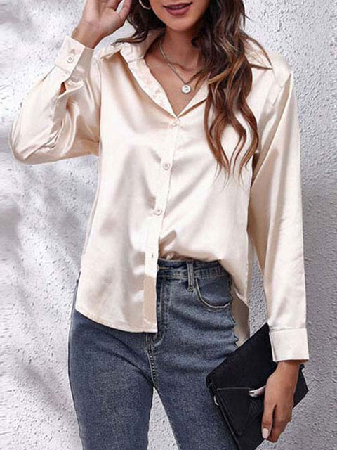 Scarlett | Women's Glossy Satin V-Neck Button Shirt