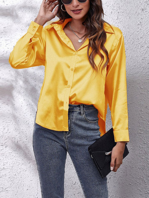 Scarlett | Women's Glossy Satin V-Neck Button Shirt