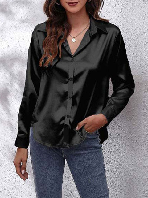 Scarlett | Women's Glossy Satin V-Neck Button Shirt