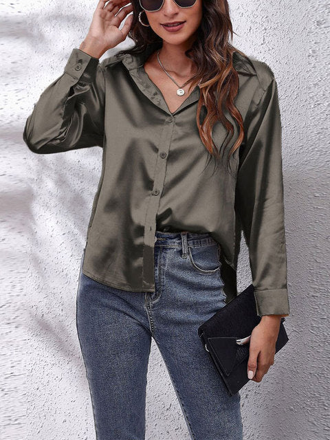 Scarlett | Women's Glossy Satin V-Neck Button Shirt