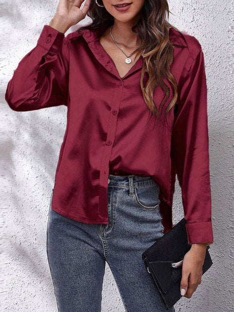 Scarlett | Women's Glossy Satin V-Neck Button Shirt