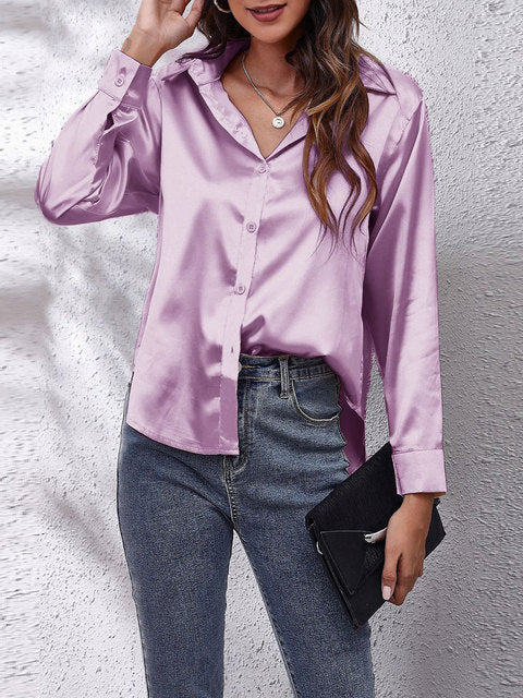 Scarlett | Women's Glossy Satin V-Neck Button Shirt