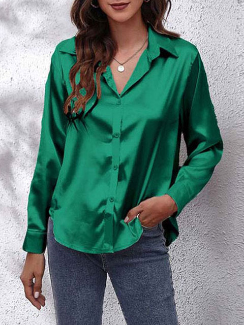 Scarlett | Women's Glossy Satin V-Neck Button Shirt