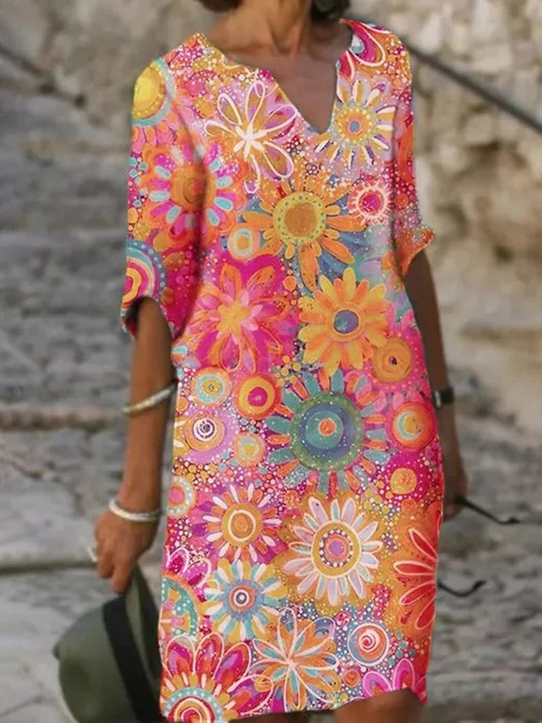 Iris | Women's Vibrant Floral V-Neck Shift Dress