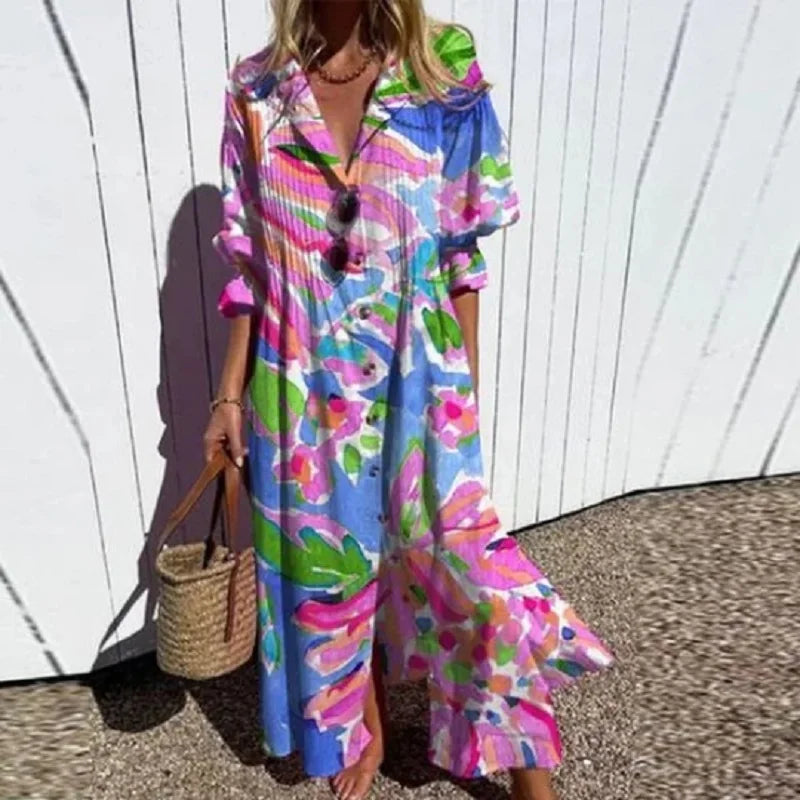 Iris | Women's Boho Floral Button Front Maxi Dress