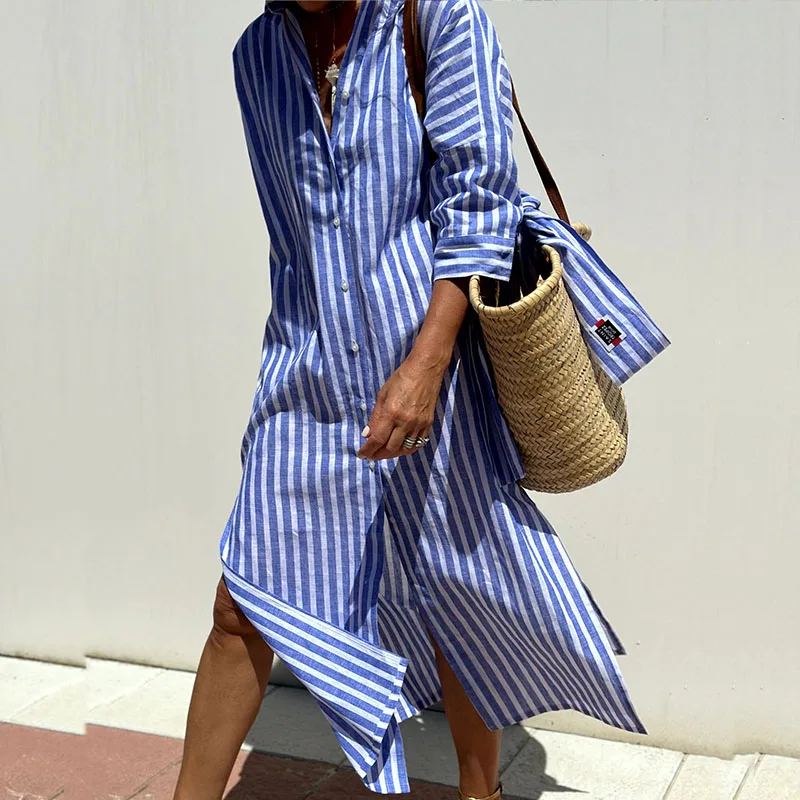 Marina | Women's Long Sleeve Striped Shirt Style Dress