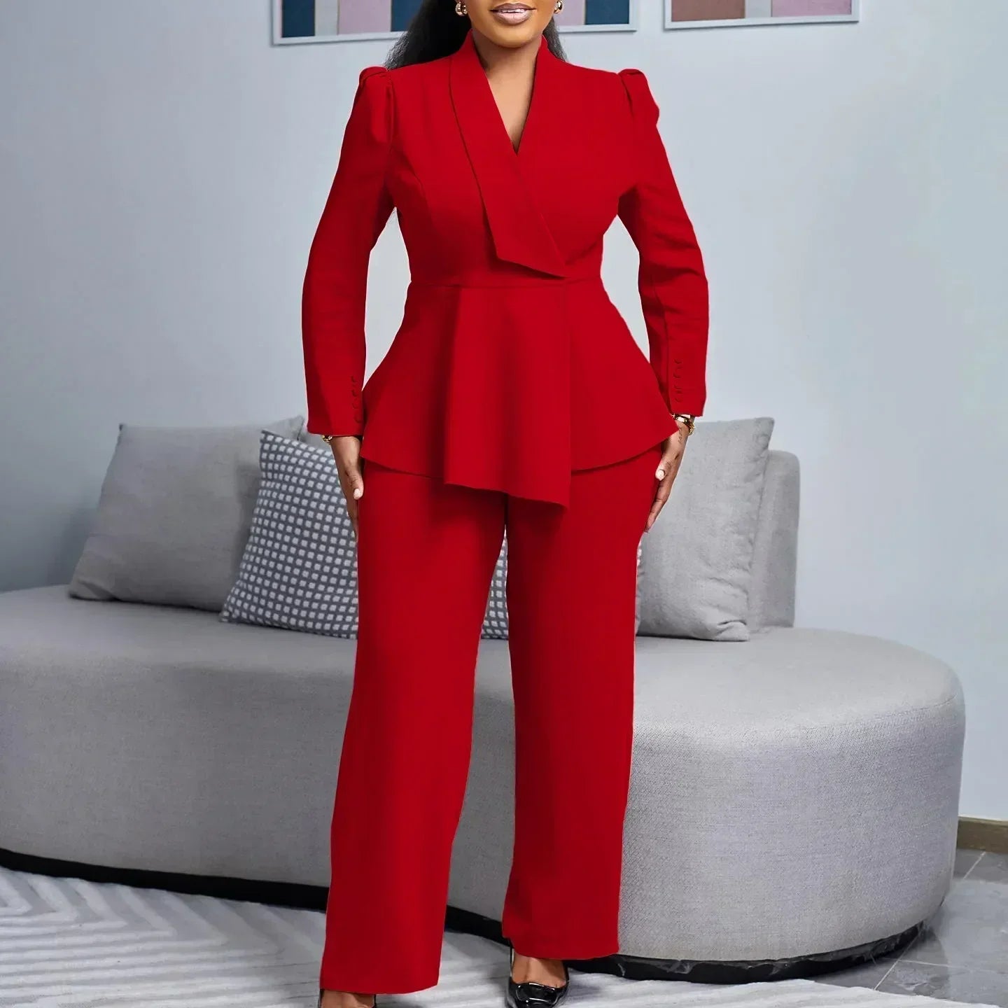 Amelia | Women's V-Neck Peplum Top And Wide Leg Set