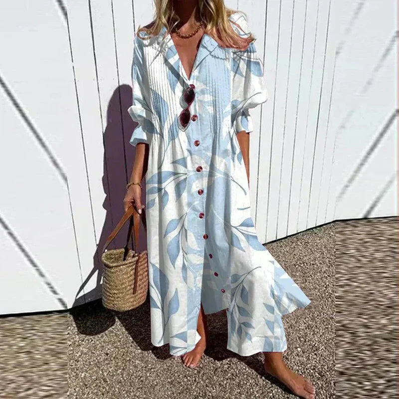 Mira | Women's Leaf Print Button Front Maxi Dress