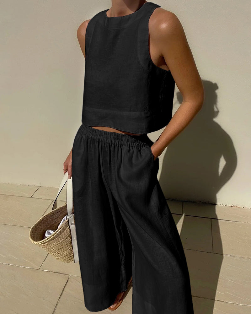 Nora | Women's Linen Crop Top And Wide Leg Pants Set