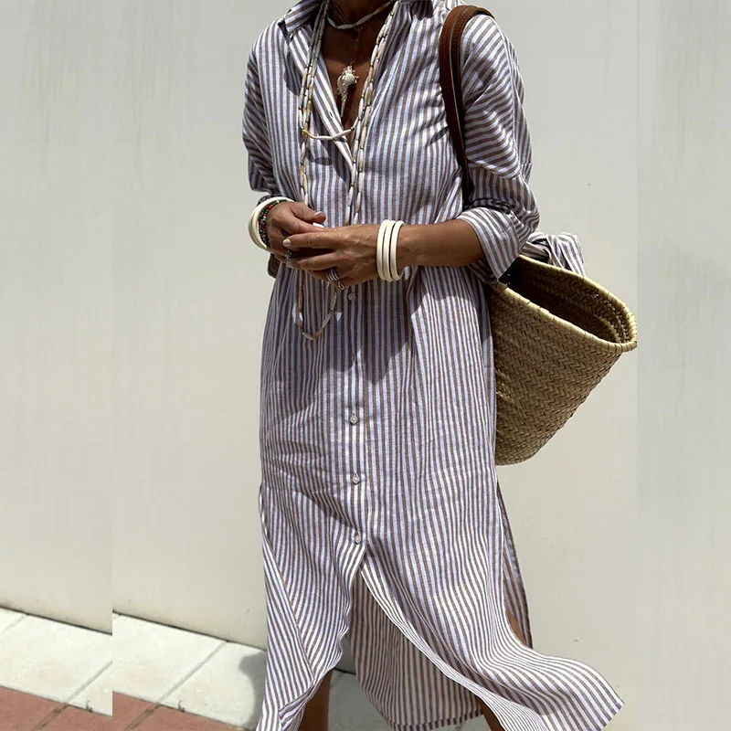 Marina | Women's Long Sleeve Striped Shirt Style Dress