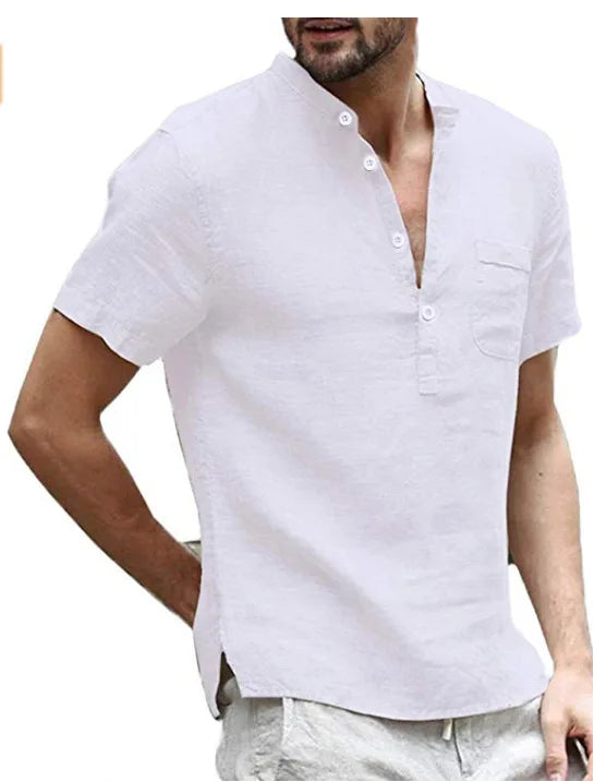 Theo | Men's Linen V-Neck Short Sleeve Henley Top