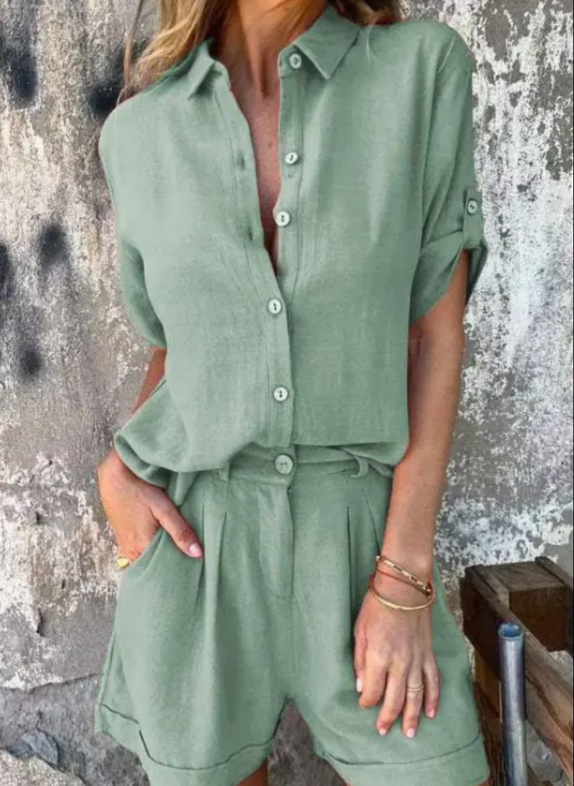 Clara | Women's Linen Button Front Shirt & Shorts Set