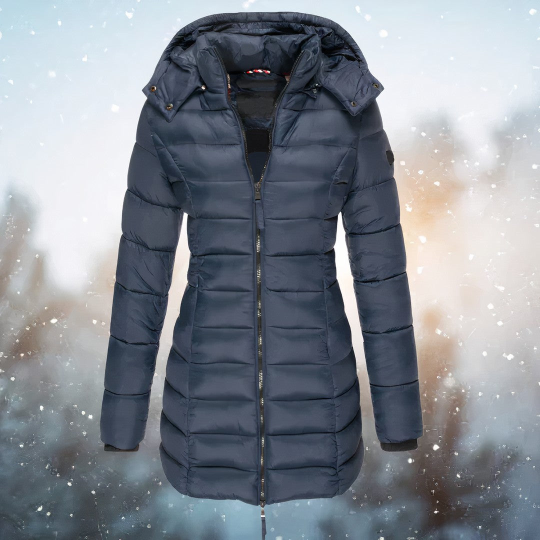 Woman wearing the Adeline women's tailored coat, front view