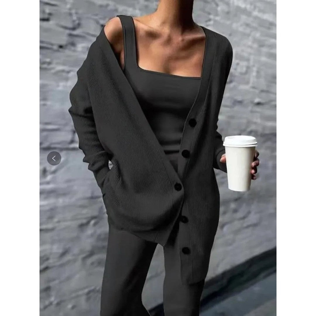 Woman wearing the Adira women's knit set, back view