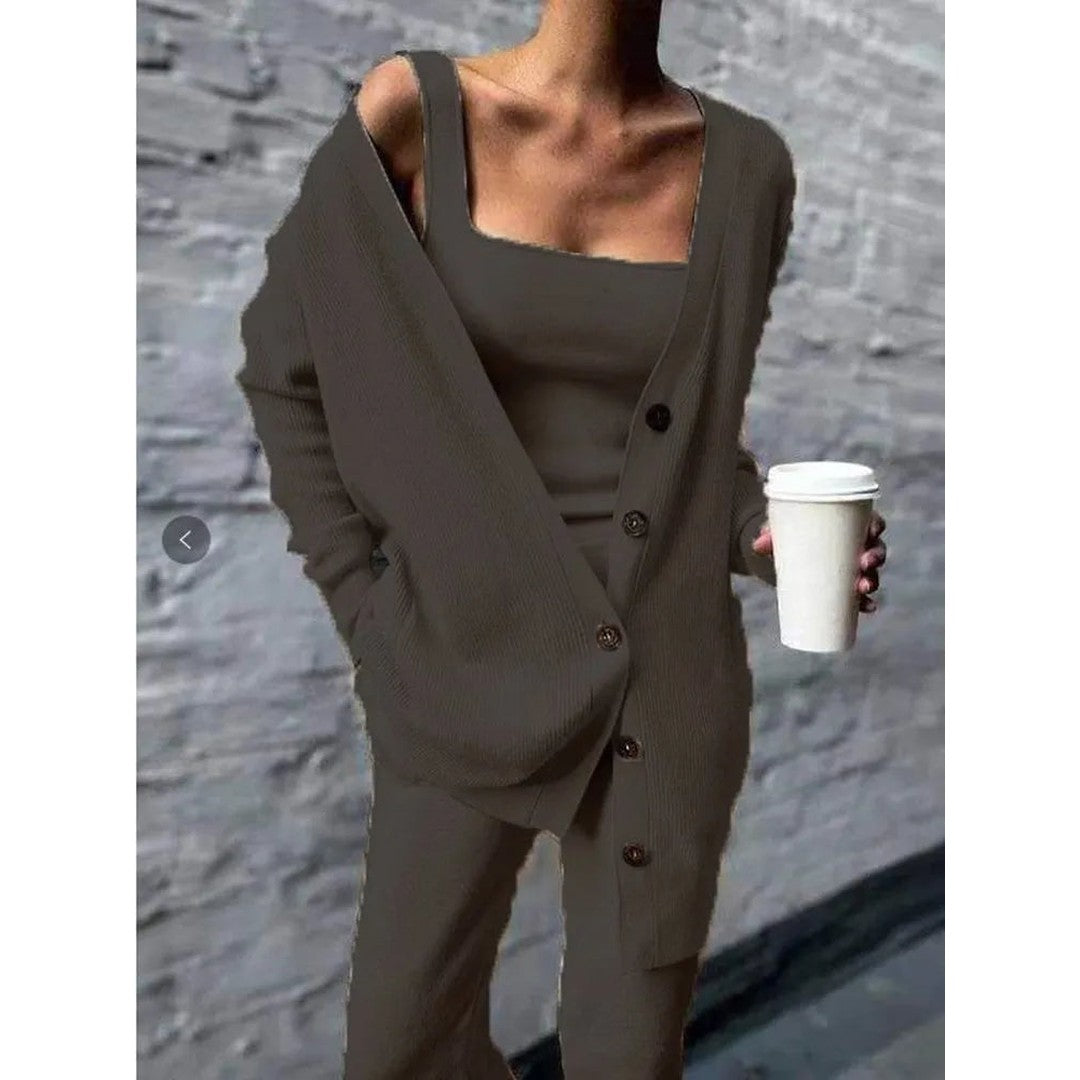 Woman wearing the Adira women's knit set, detail view